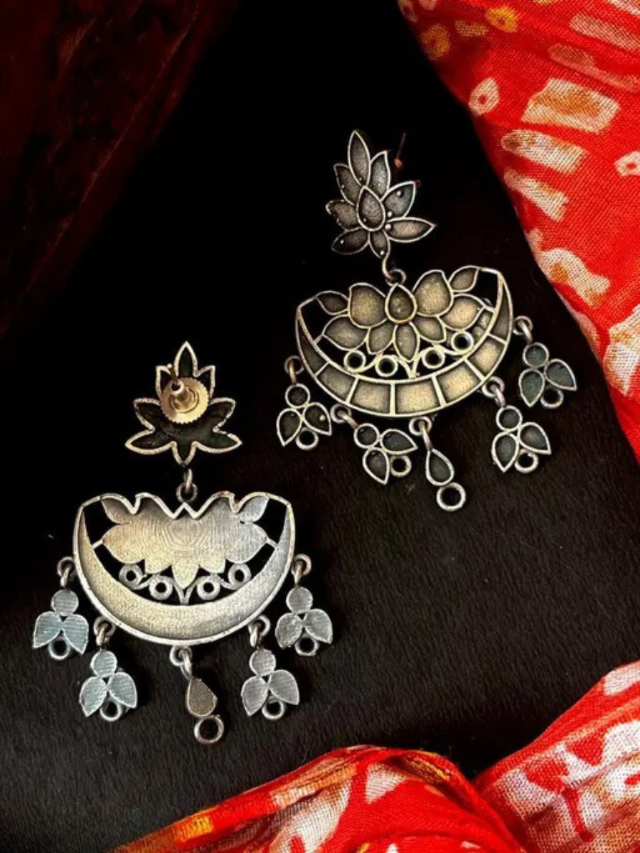 Antique Lotus Style Oxidised Silver Drop Earrings