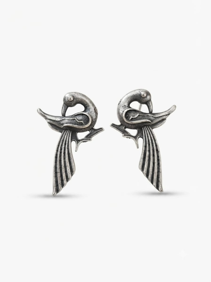 Antique Oxidised Silver Bird Motif Earrings