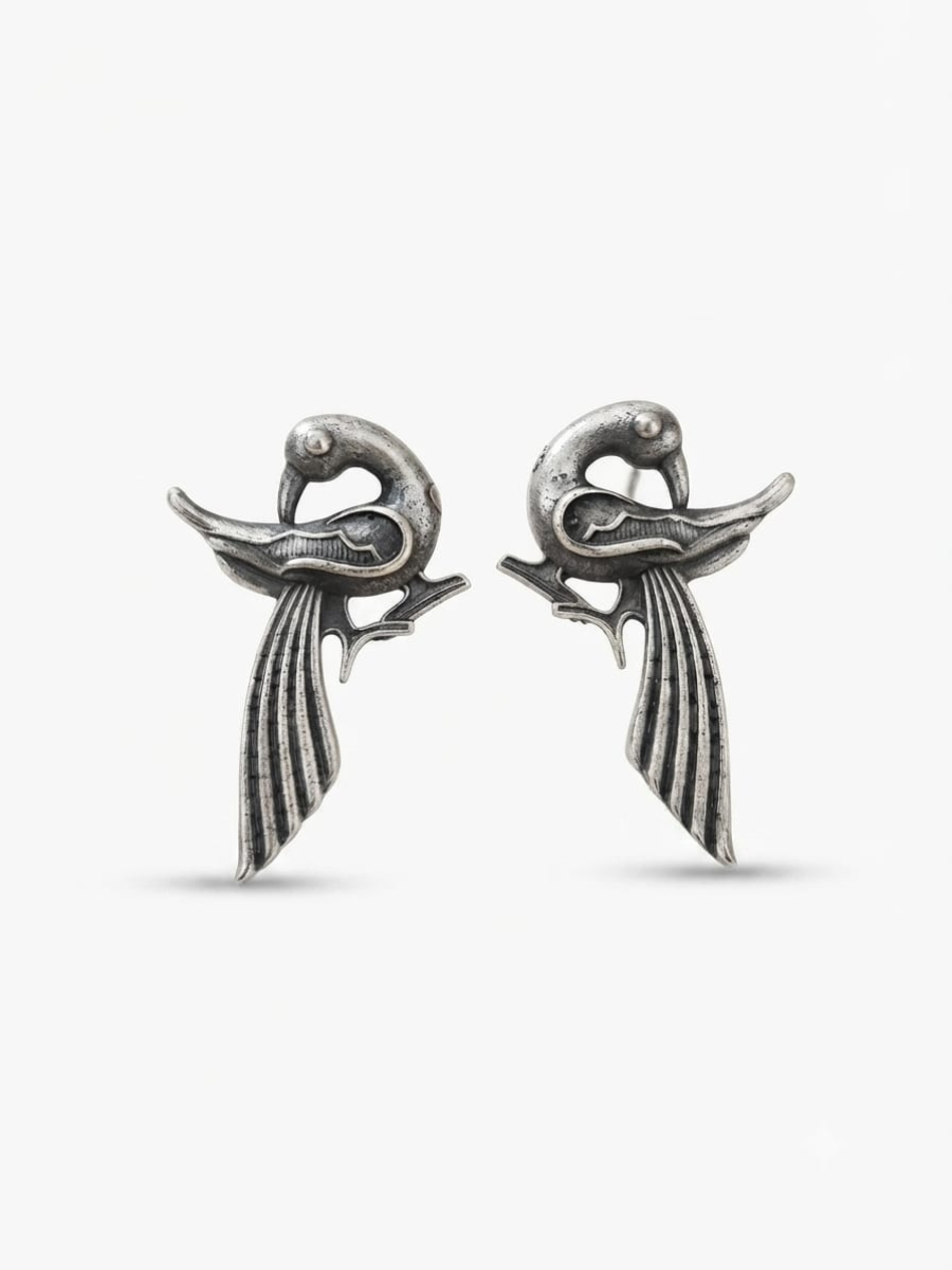 Antique Oxidised Silver Bird Motif Earrings