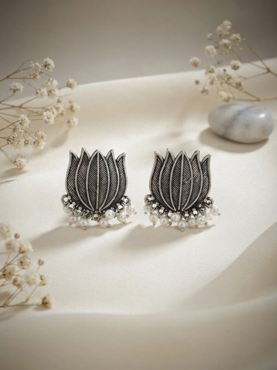 Antique Oxidised Silver Lotus Drop Earrings