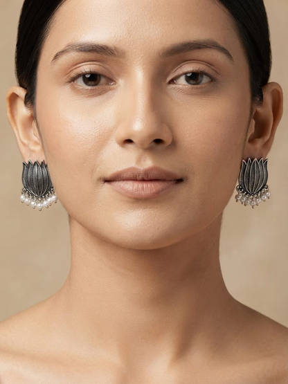 Antique Oxidised Silver Lotus Drop Earrings