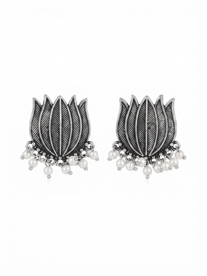 Antique Oxidised Silver Lotus Drop Earrings