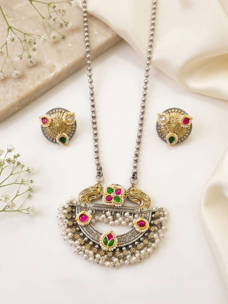 Antique silver peacock necklace set
