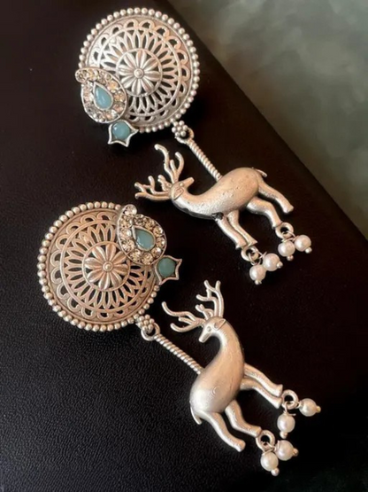 Buy Antique Sky Blue Stone Oxidised Silver Deer Dangler Earrings Online - TheJewelbox