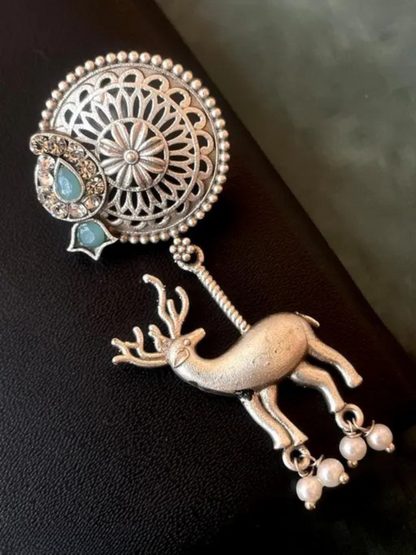 Antique Sky Blue Stone Oxidised Silver Deer Dangler Earrings