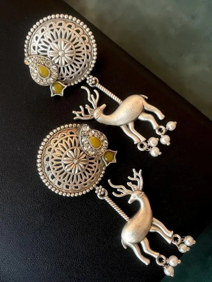 Buy Antique Yellow Stone Oxidised Silver Deer Dangler Earrings Online - TheJewelbox