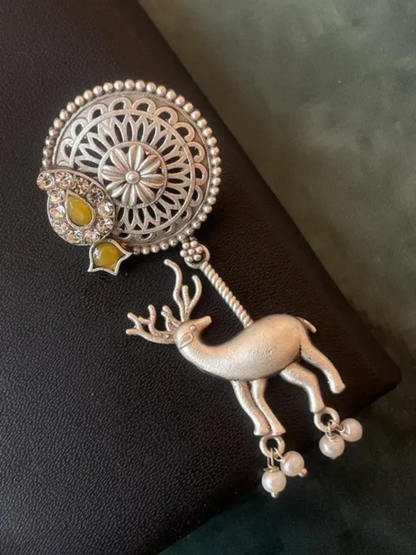 Antique Yellow Stone Oxidised Silver Deer Dangler Earrings