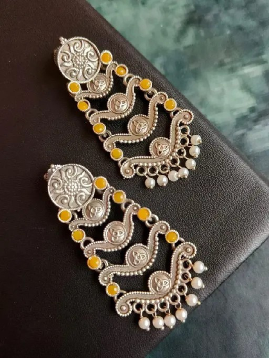 Buy Antique Yellow Stones Oxidised Silver Long Earrings Online - TheJewelbox