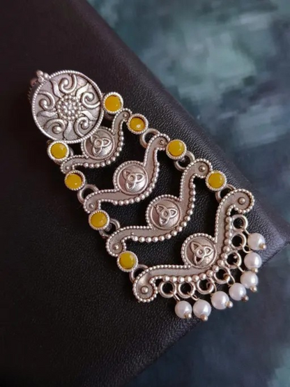 Antique Yellow Stones Oxidised Silver Long Earrings