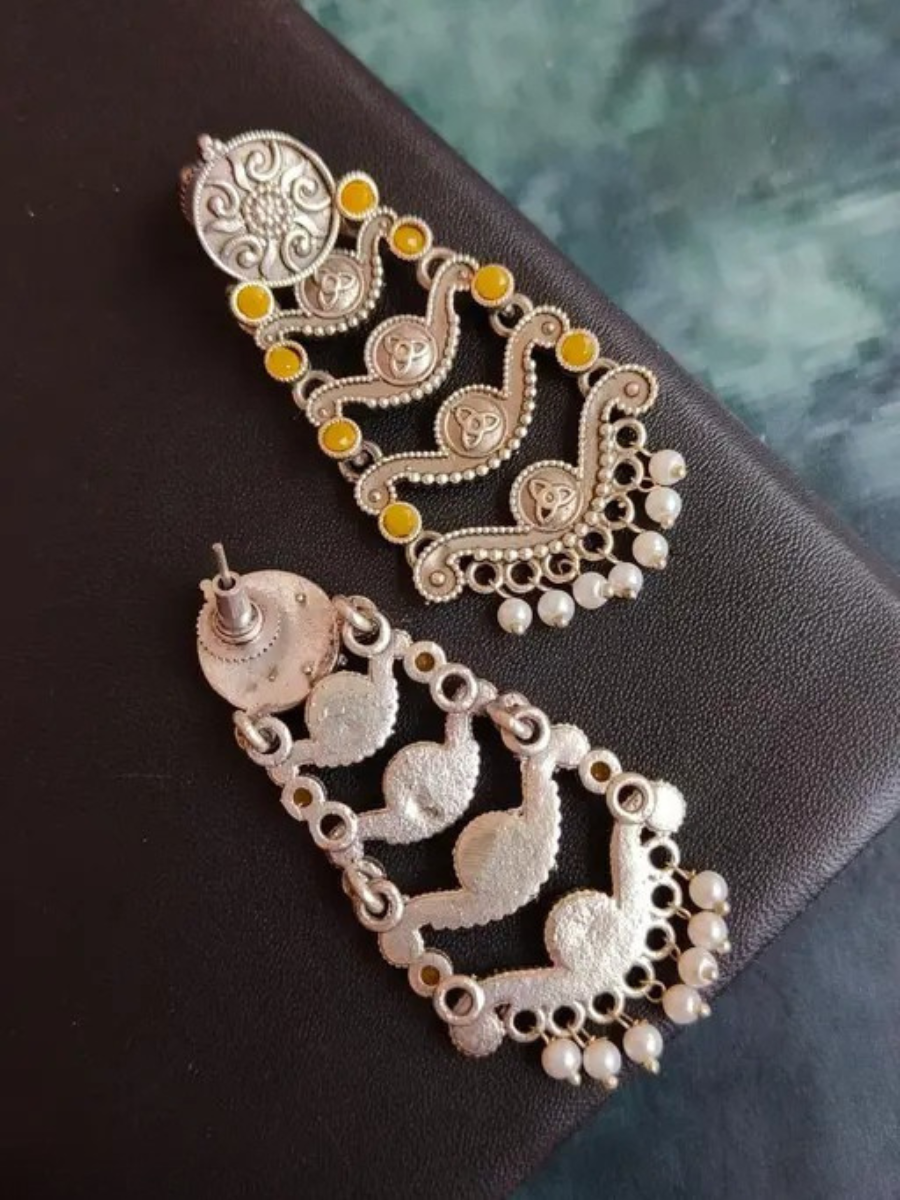 Antique Oxidised Silver Yellow Stones Long Earrings