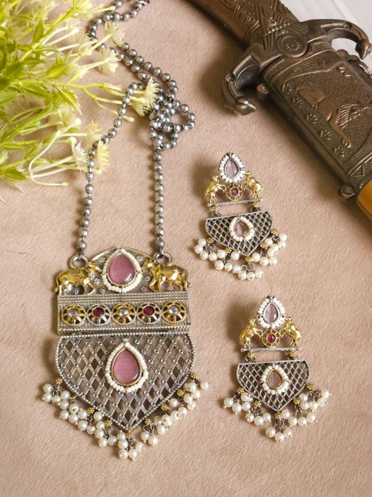 Buy Baby Pink Kundan Dual Tone Oxidised Long Necklace Set Online - TheJewelbox