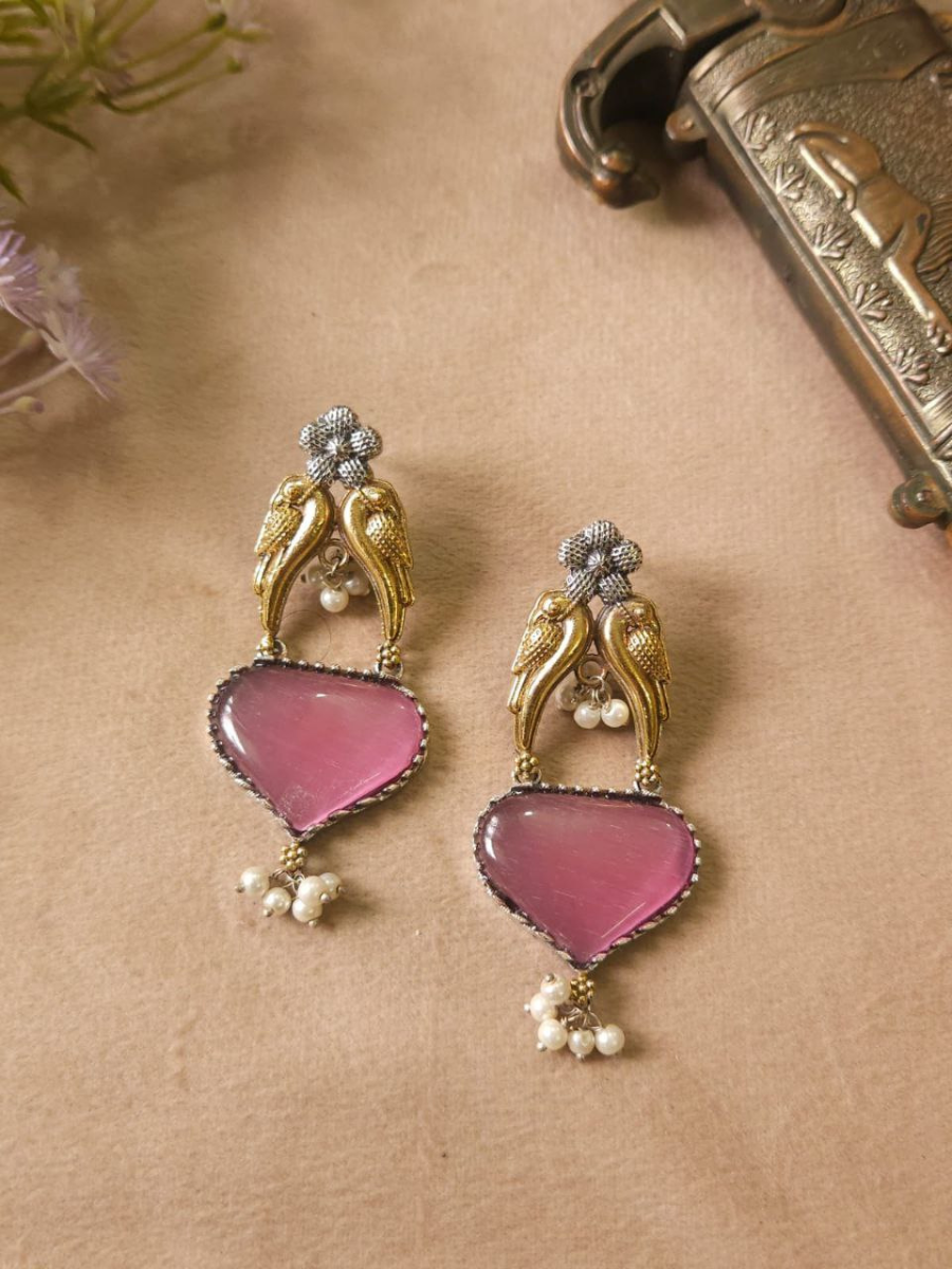 Buy Baby Pink Monalisa Stone Dual Tone Oxidised Stud Earrings Online - TheJewelbox