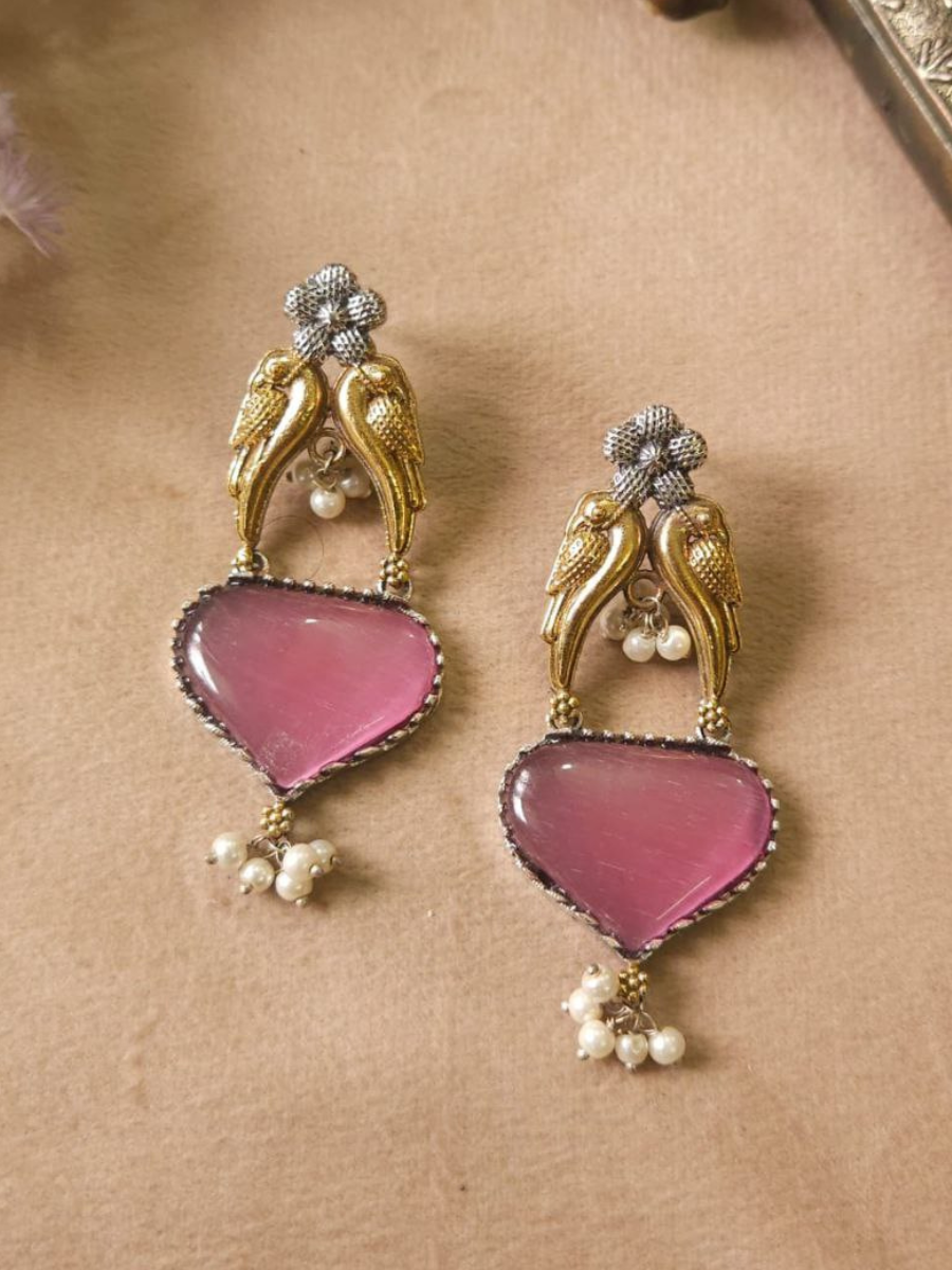 Baby Pink Monalisa Stone Dual Tone Oxidised Stud Earrings