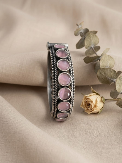 Buy Baby Pink Round Stone German Silver Oxidised Bangle Online in India