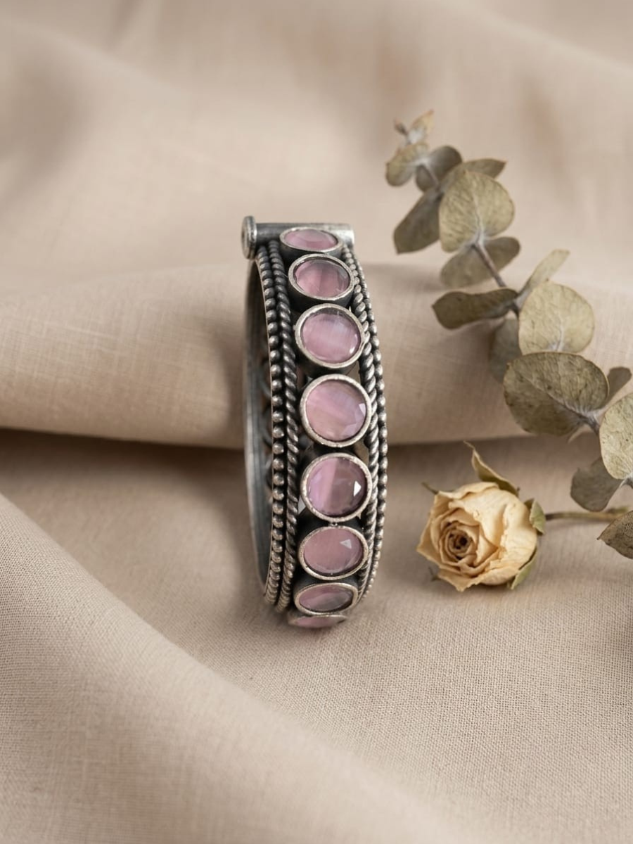 Buy Baby Pink Round Stone German Silver Oxidised Bangle Online in India