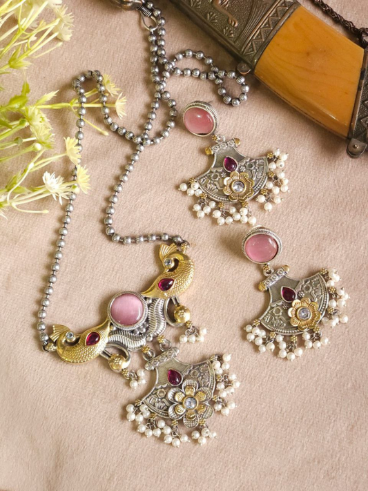 Buy Baby Pink Stone Dual Tone Oxidised Long Chain Necklace Set Online - TheJewelbox