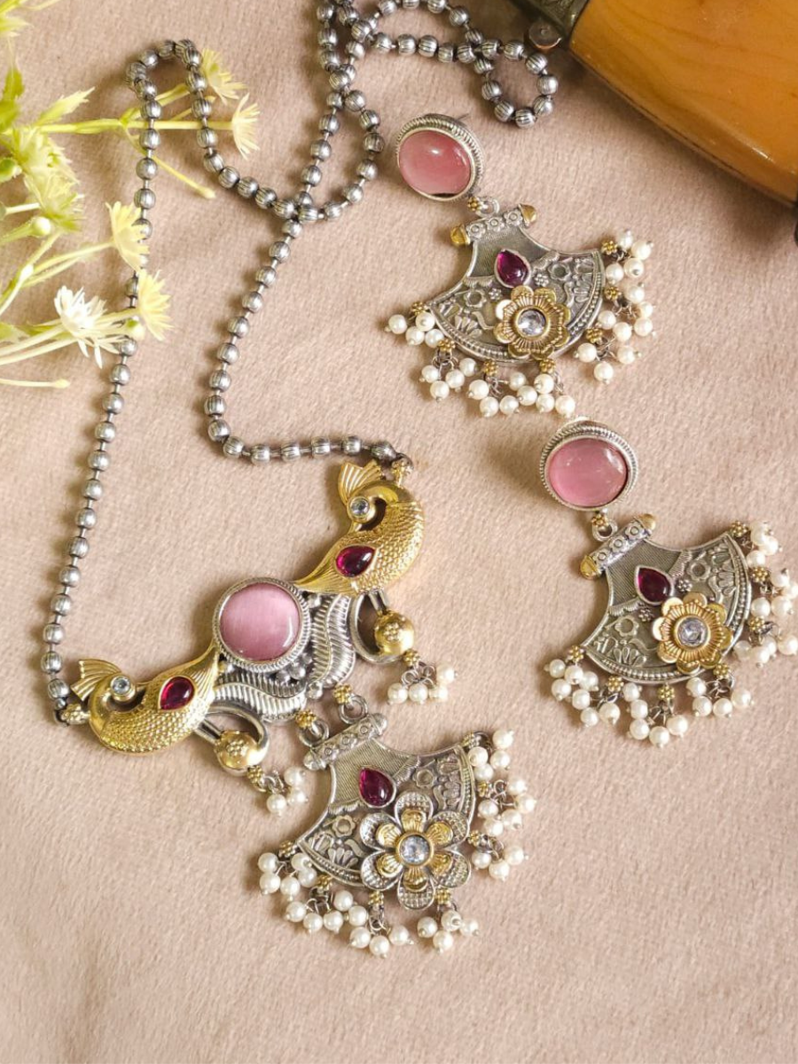 Baby Pink Stone Dual Tone Oxidised Long Chain Necklace Set