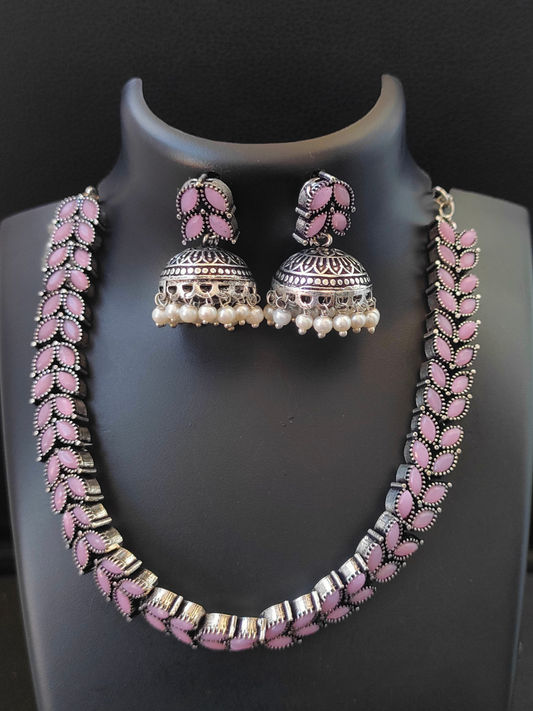 Buy Baby Pink Stone Leaf Shaped Oxidised Silver Choker Necklace - TheJewelbox
