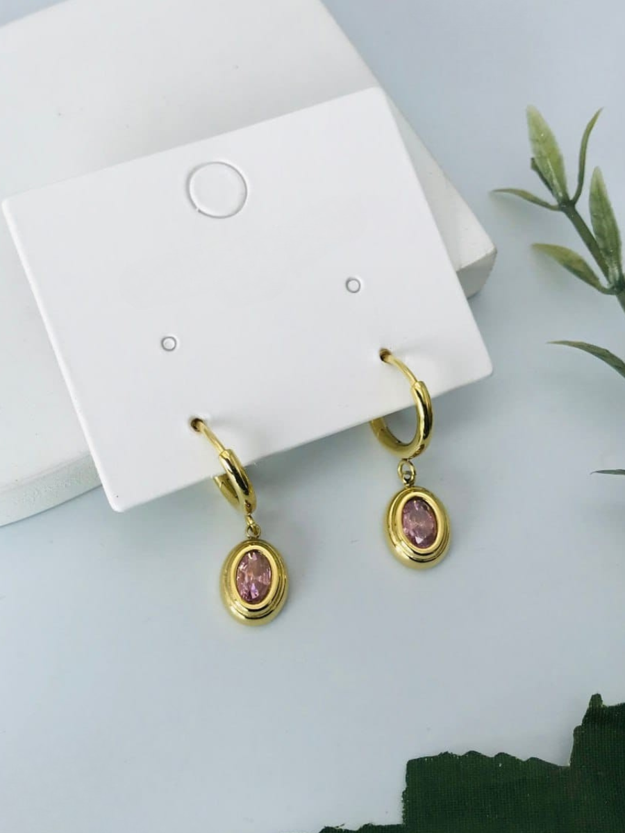Buy Baby Pink Stone Oval Drop Golden Huggie Hoop Earrings Online - TheJewelbox