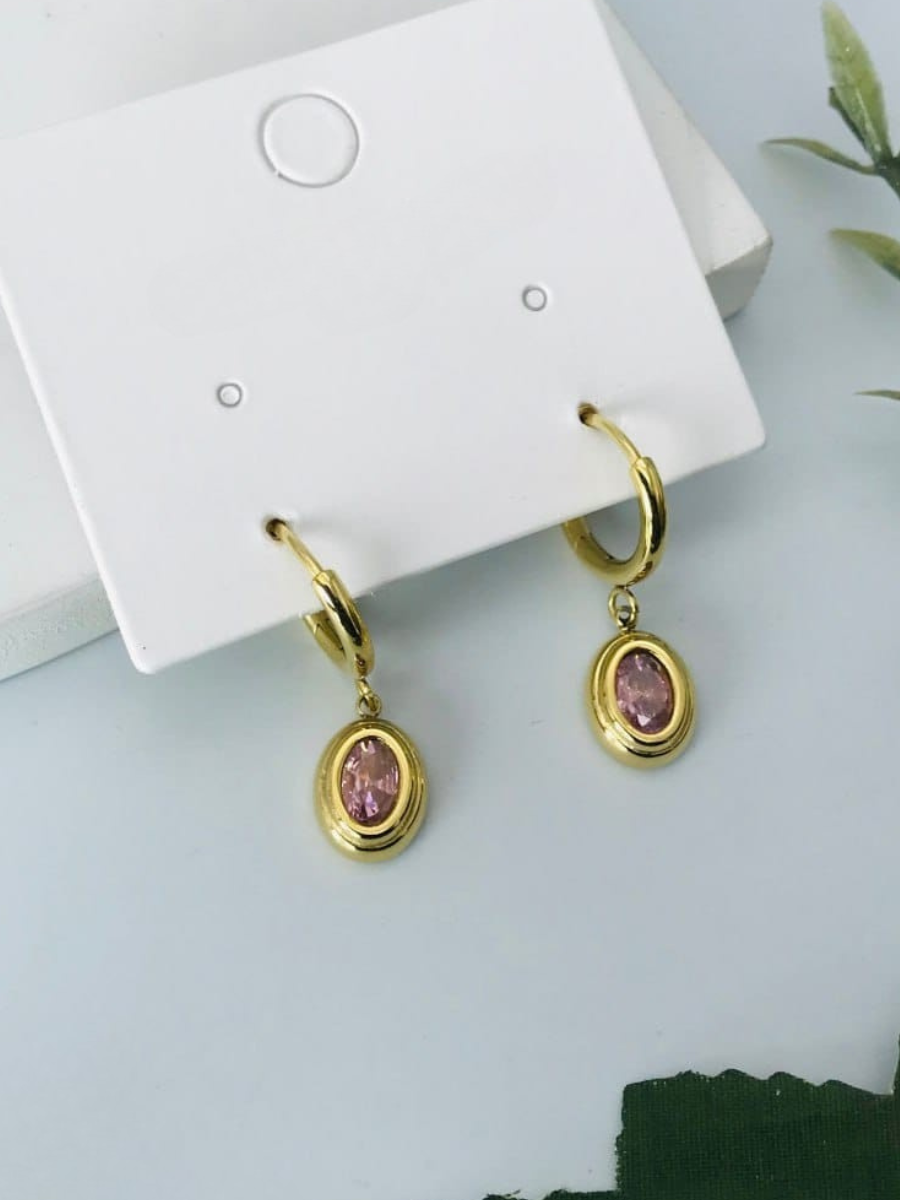 Baby Pink Stone Oval Drop Golden Huggie Hoop Earrings