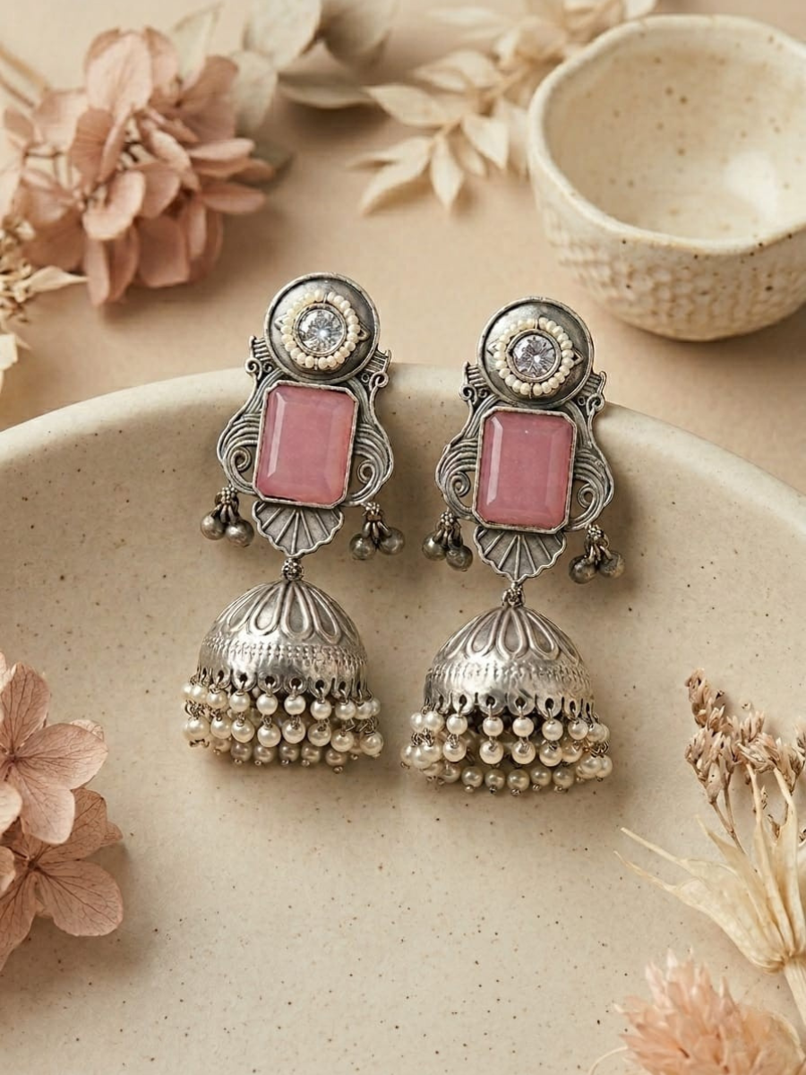 Buy Baby Pink Stone Studded Big Oxidised Silver Jhumka Earrings Online in India