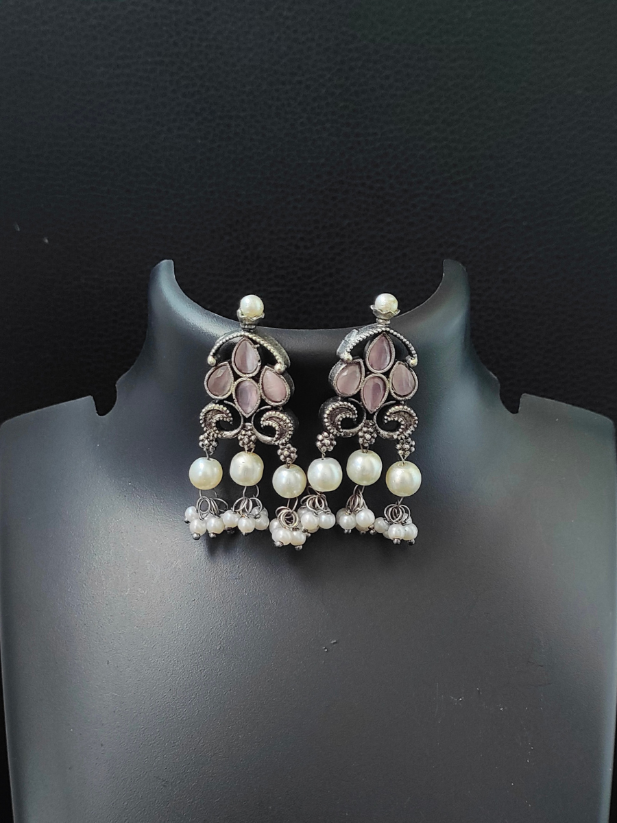 Baby Pink Stone Studded Oxidised Silver Earrings