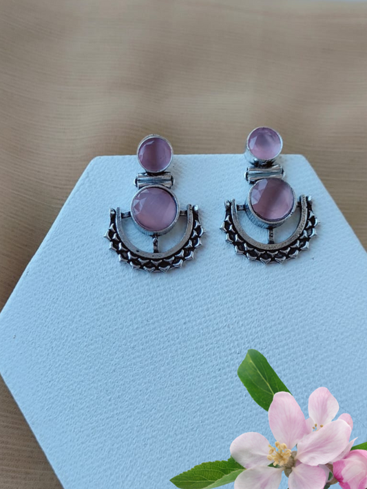 Buy Baby Pink Stone Studded Oxidised Silver Dangler Earrings - TheJewelbox