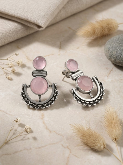 Buy Baby Pink Stone Studded Oxidised Silver Dangler Earrings Online in India