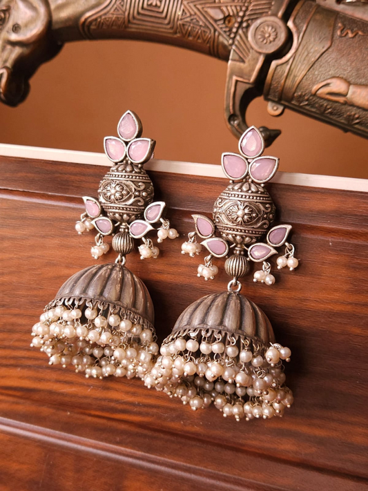 Buy Baby Pink Stone and Pearls German Silver Oxidised Jhumka Earrings - TheJewelbox