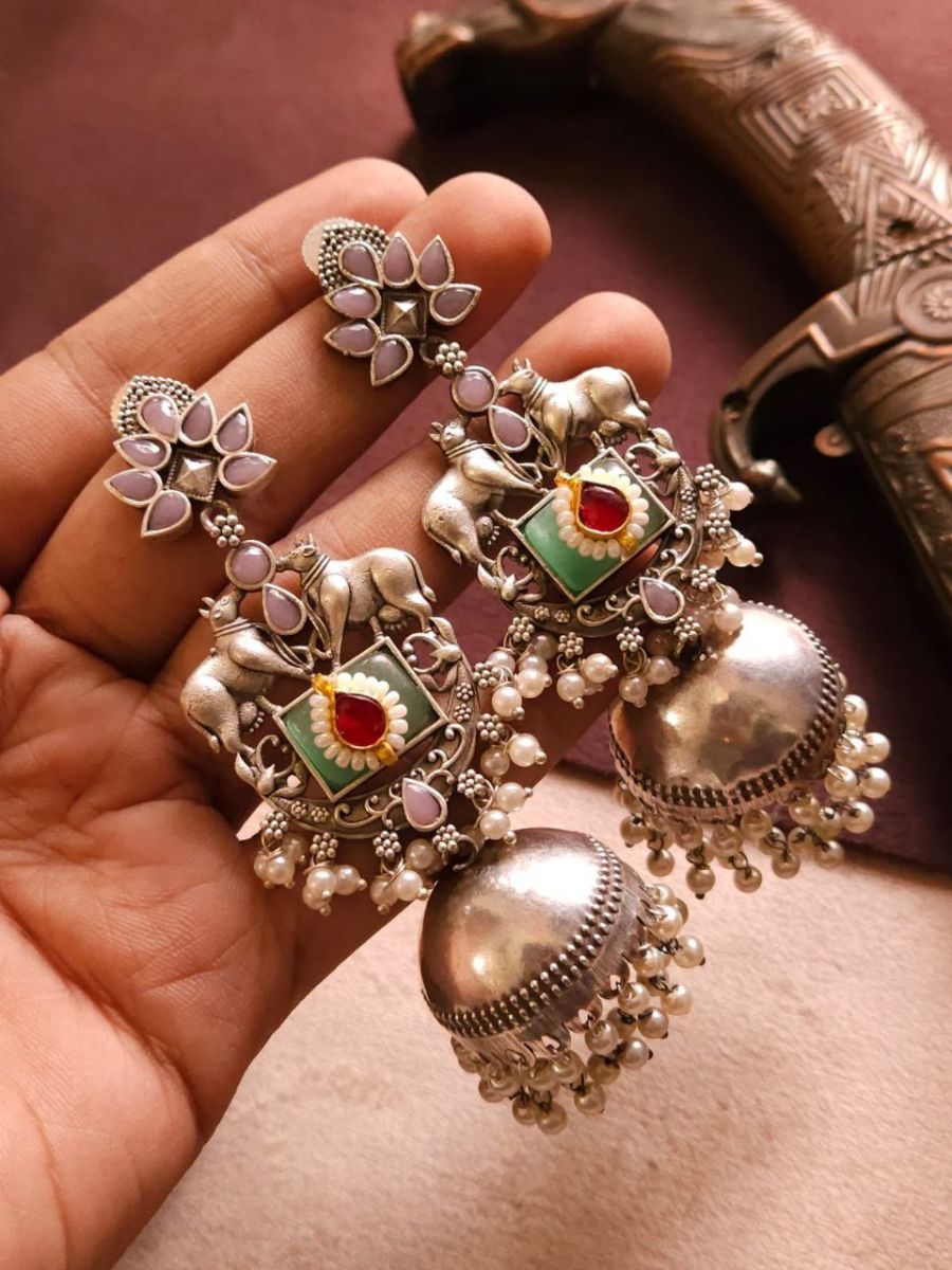 Baby Pink and Sea Green Designer Big Oxidised Jhumka Earrings