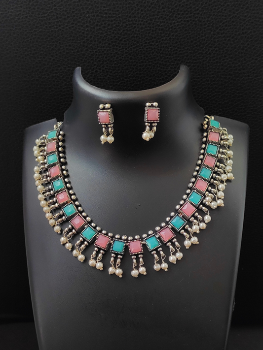 Buy Baby Pink and Sea Green Stone Oxidised Silver Choker Necklace - TheJewelbox