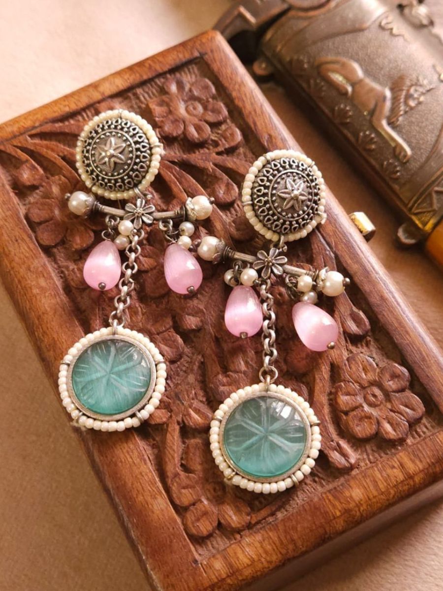 Baby Pink and Sea Green Stone Oxidised Silver Drop Earrings