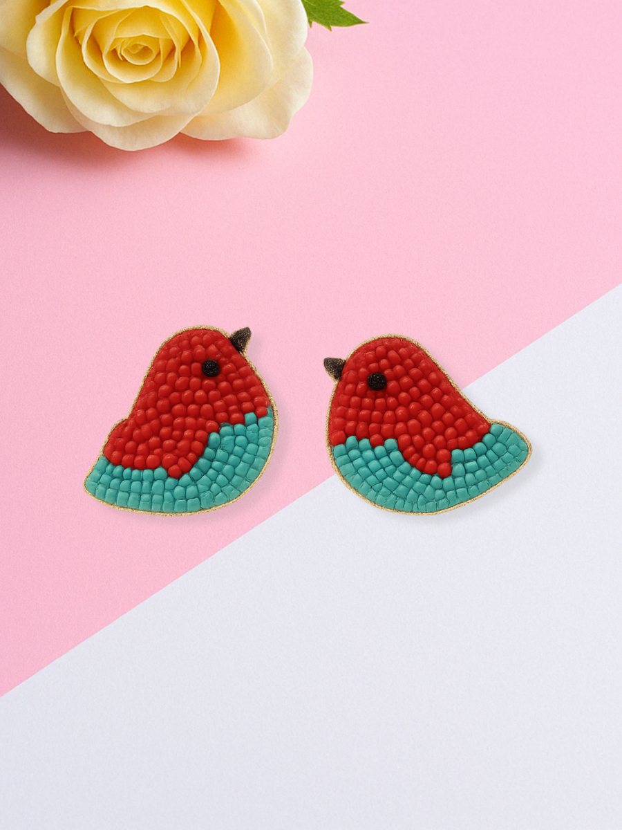 Buy Bird Style Red and Turquoise Beaded Stud Earrings Online - Theewelbox