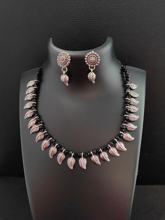 Buy Black Beads Leaf Pattern Oxidised Silver Choker Necklace Set - TheJewelbox
