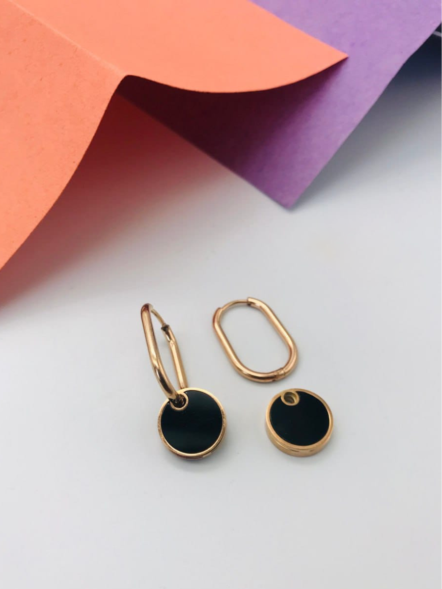 Buy Black Enamelled Rose Gold Hanging Hoop Earrings - TheJewelbox