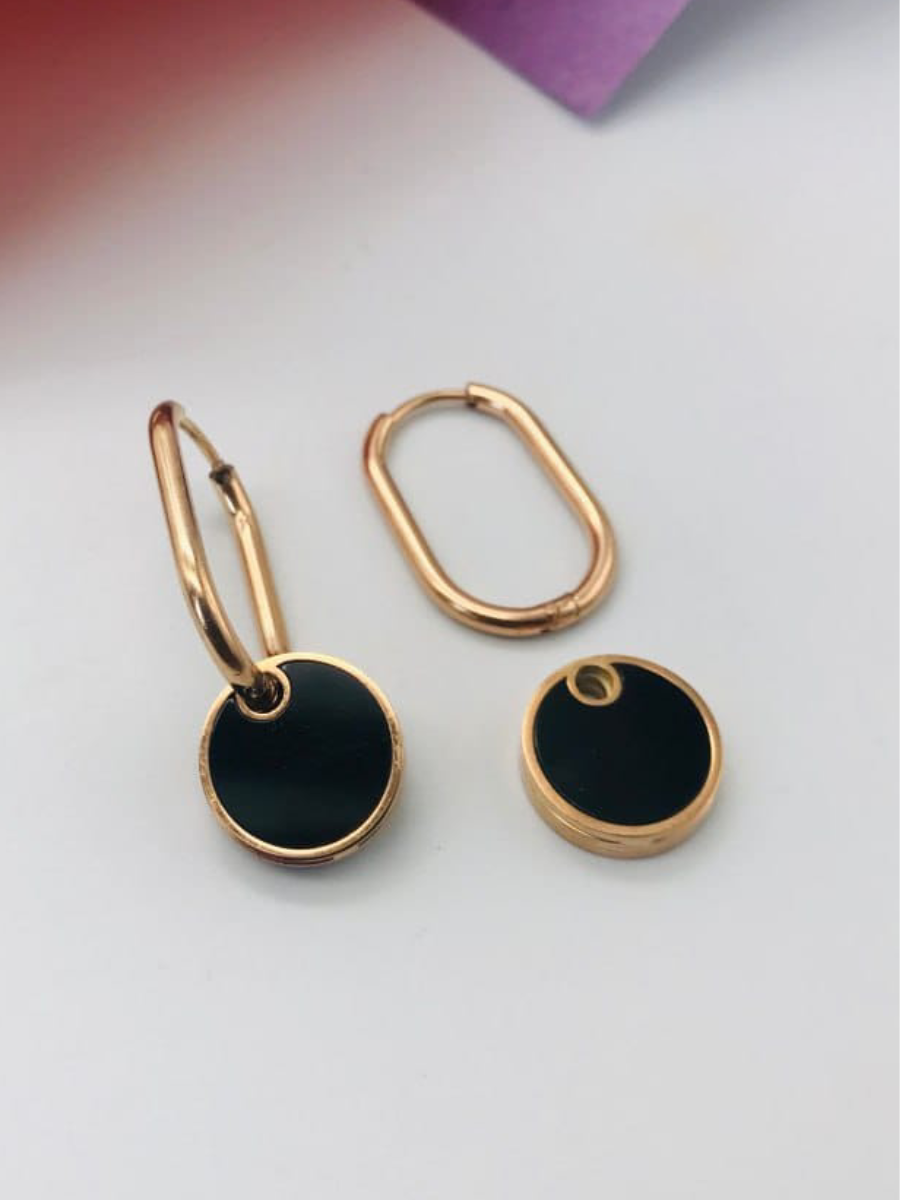 Black Enamelled Rose Gold Hanging Hoop Earrings