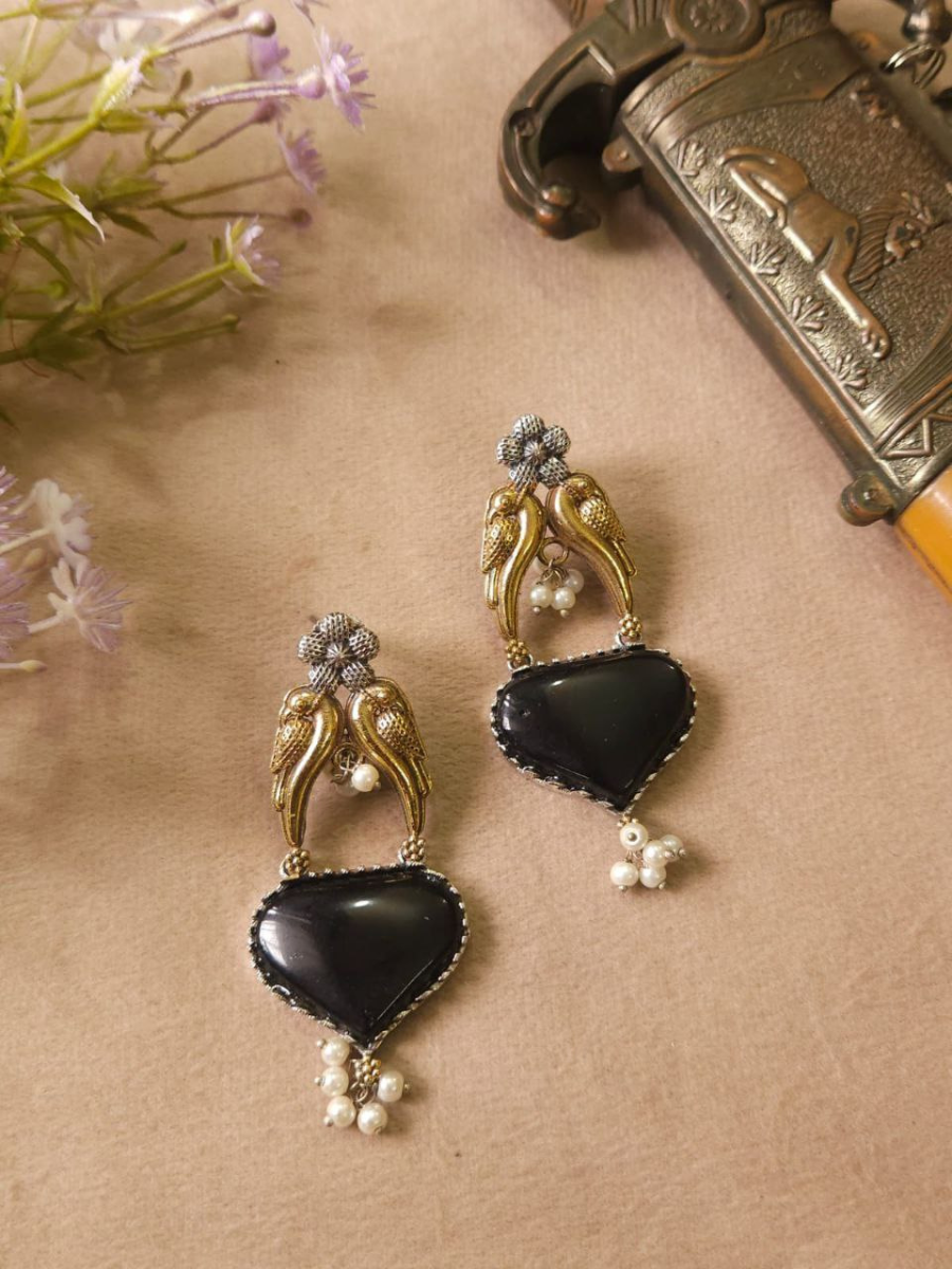 Buy Black Monalisa Stone Dual Tone Oxidised Stud Earrings Online - TheJewelbox