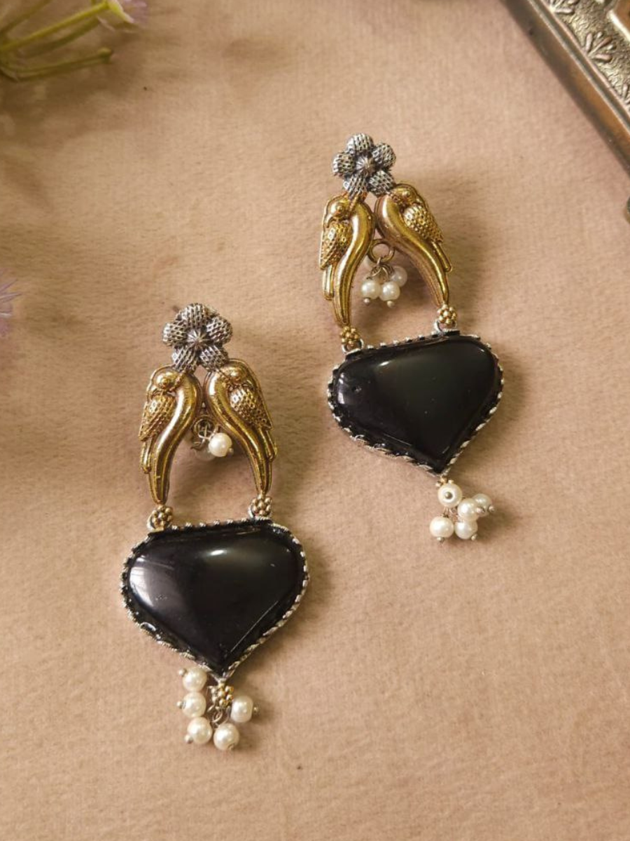 Black Monalisa Stone Dual Tone Oxidised Stud Earrings