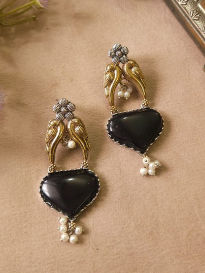 Black Monalisa Stone Dual Tone Oxidised Stud Earrings