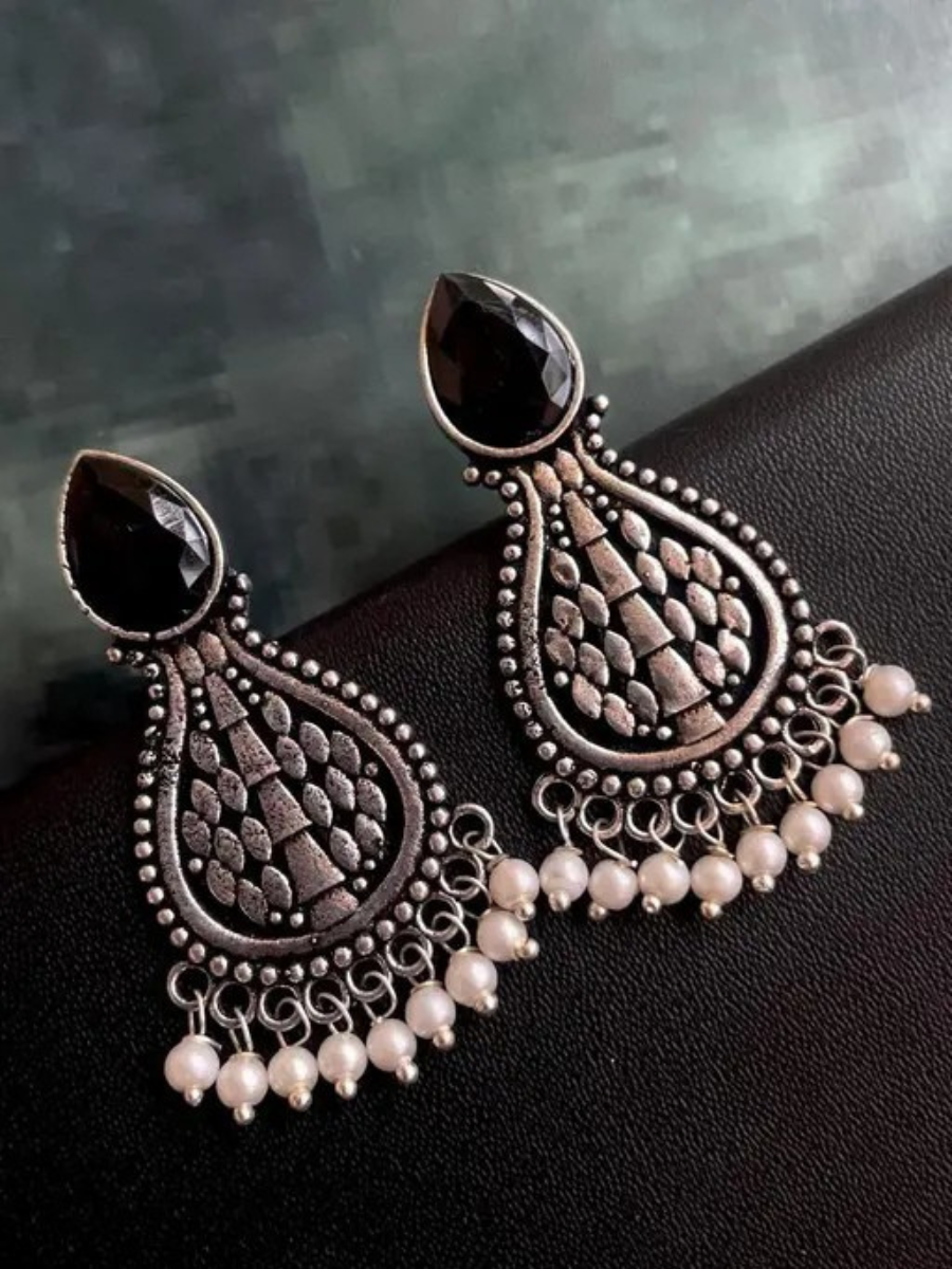 Buy Black Monalisa Stone Oxidised Silver Teardrop Earrings Online - TheJewelbox