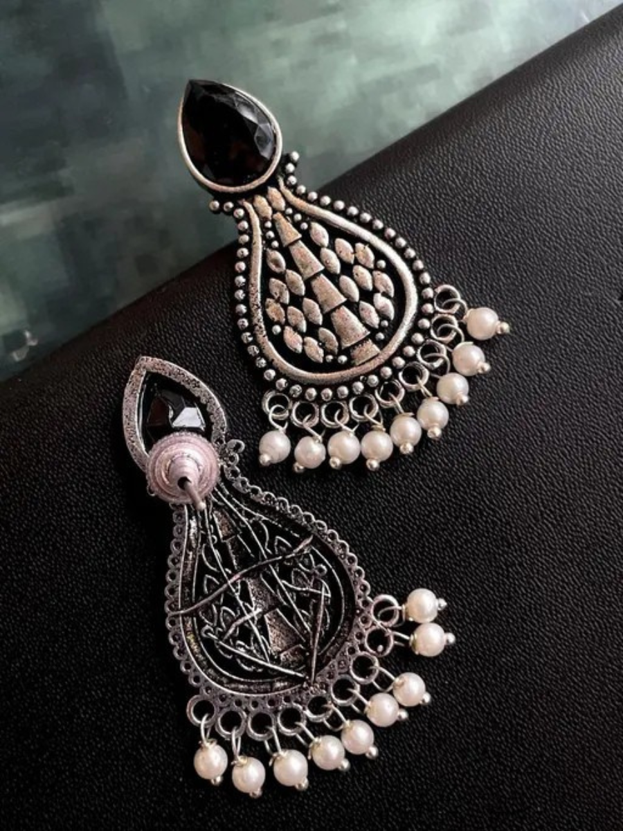 Oxidised Silver Black Monalisa Stone Teardrop Earrings