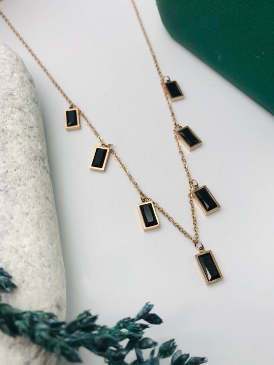 Buy Black Rectangle Crystal Charms Rose Gold Chain Necklace - TheJewelbox