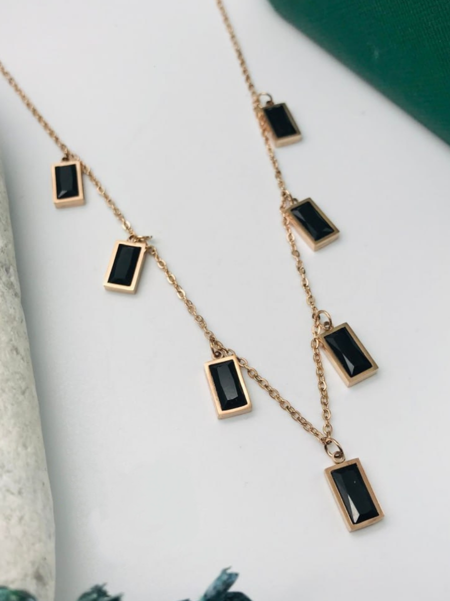 Black Rectangle Crystal Charms Rose Gold Chain Necklace