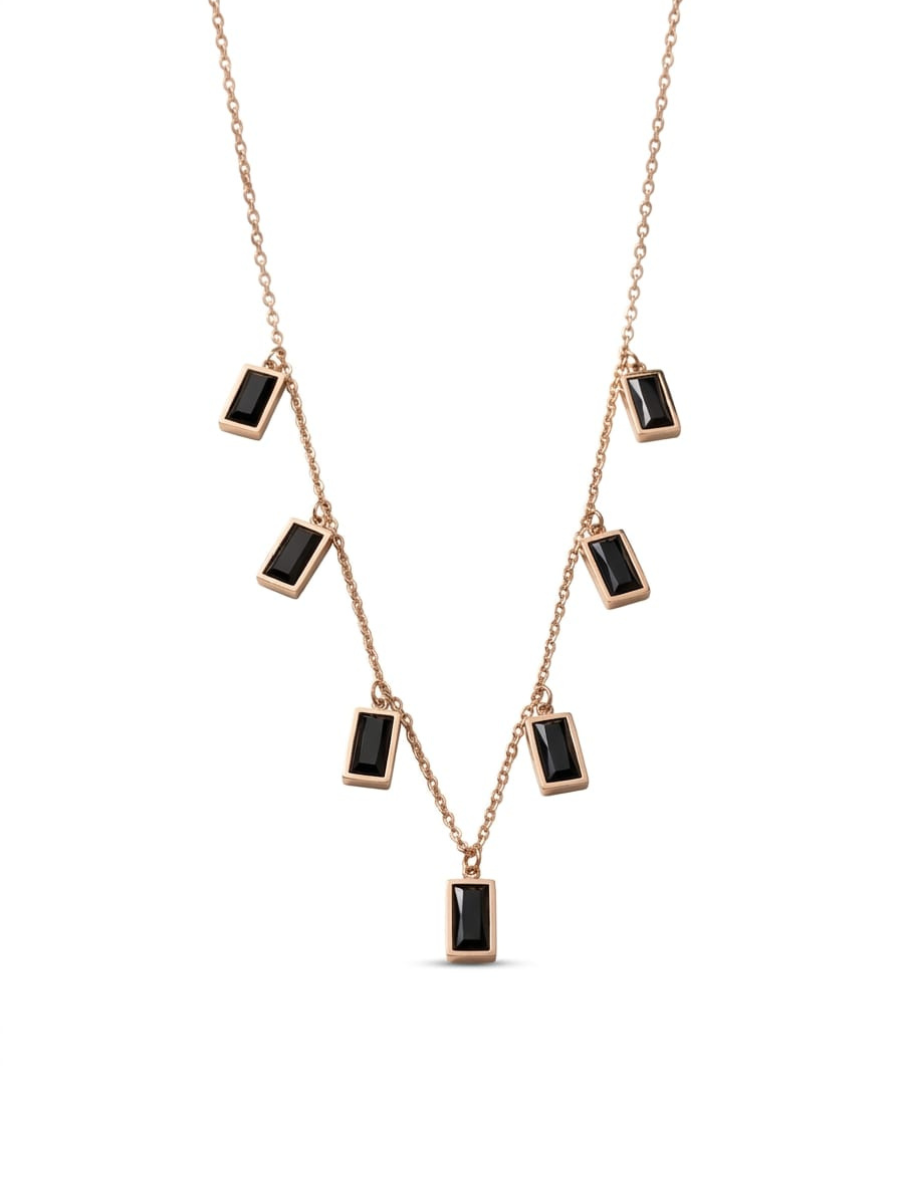 Black Rectangle Crystal Charms Rose Gold Chain Necklace