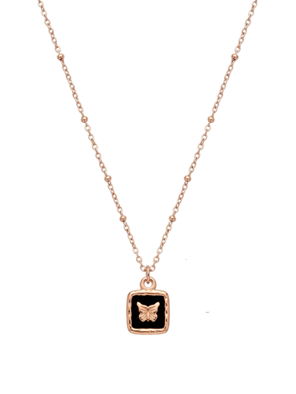 Black Square Butterfly Pendant Rose Gold Chain Necklace