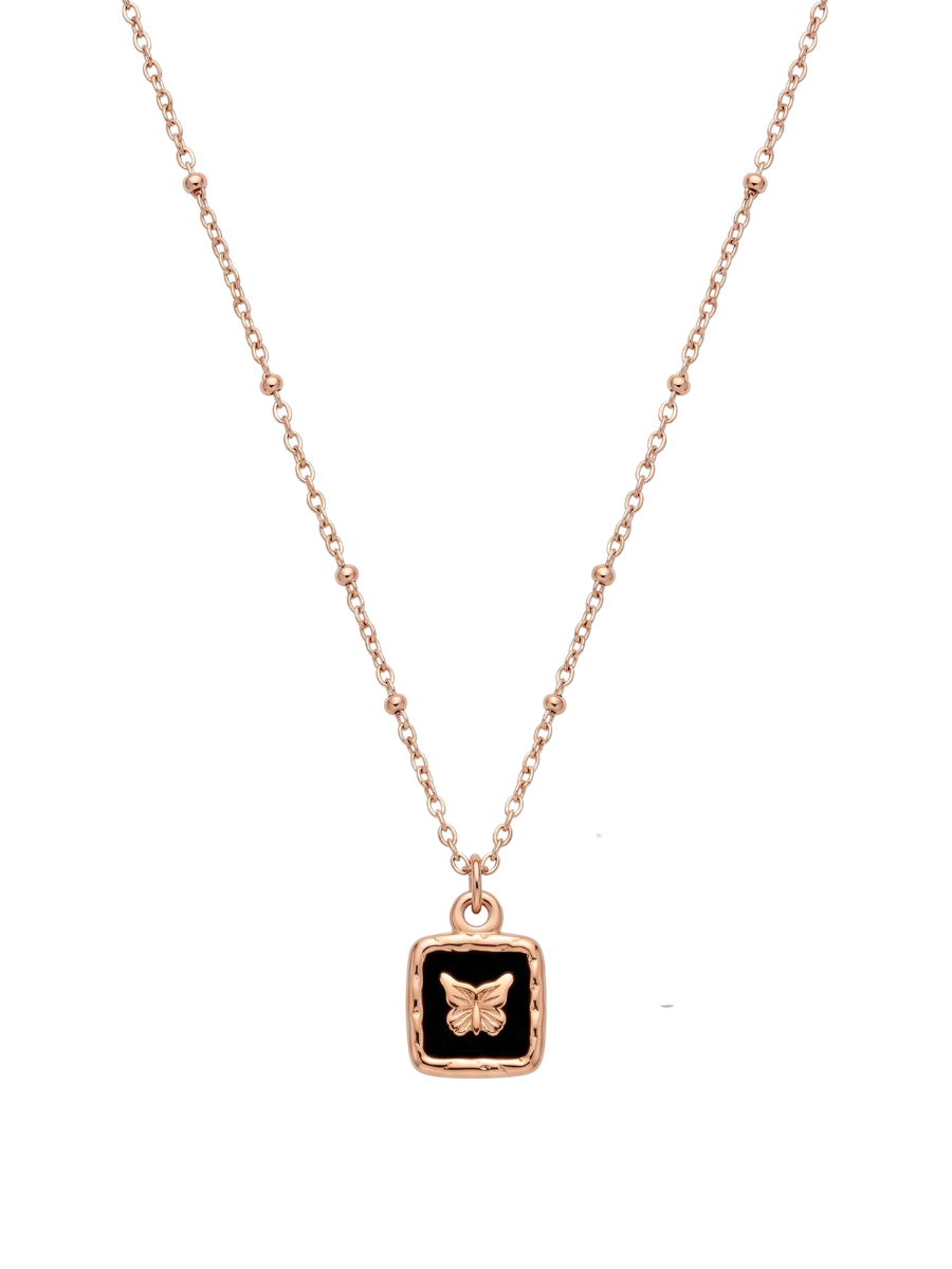 Black Square Butterfly Pendant Rose Gold Chain Necklace