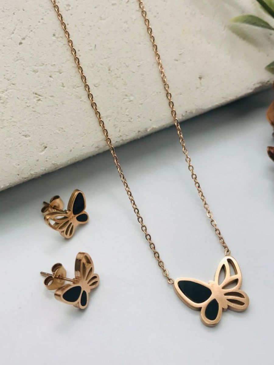 Black Stone Butterfly Pendant Rose Gold Necklace with Earrings