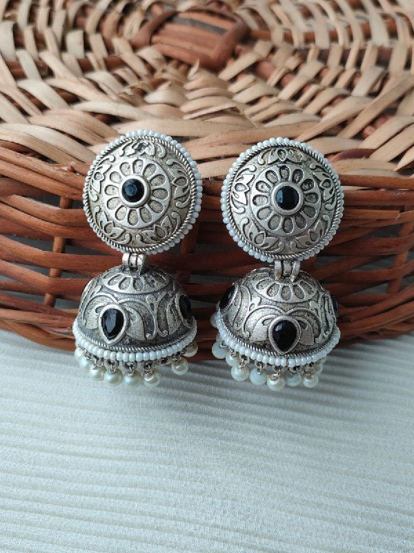 Buy Black Stone German Silver Oxidised Jhumka Earrings - TheJewelbox