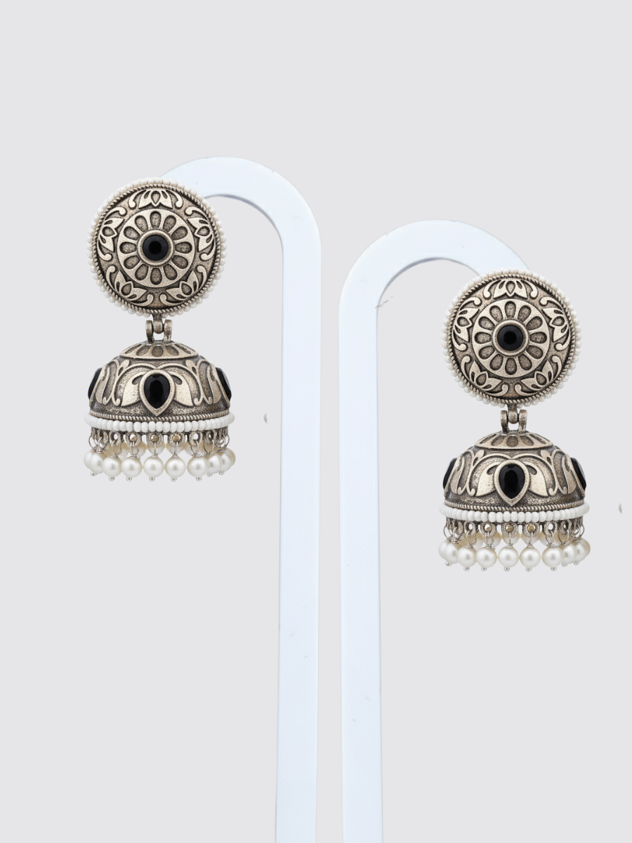 Buy Black Stone German Silver Oxidised Jhumka Earrings Online in India - TheJewelbox