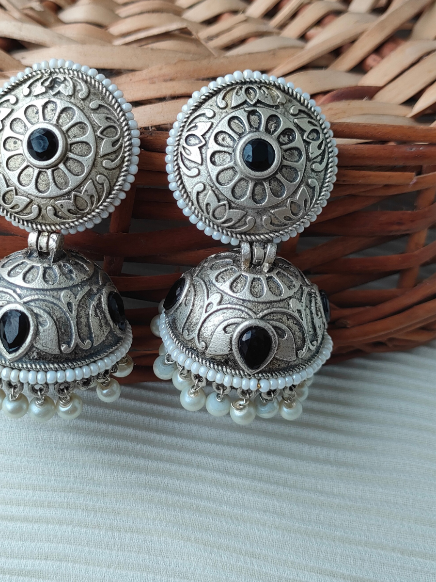 Black Stone German Silver Oxidised Jhumka Earrings